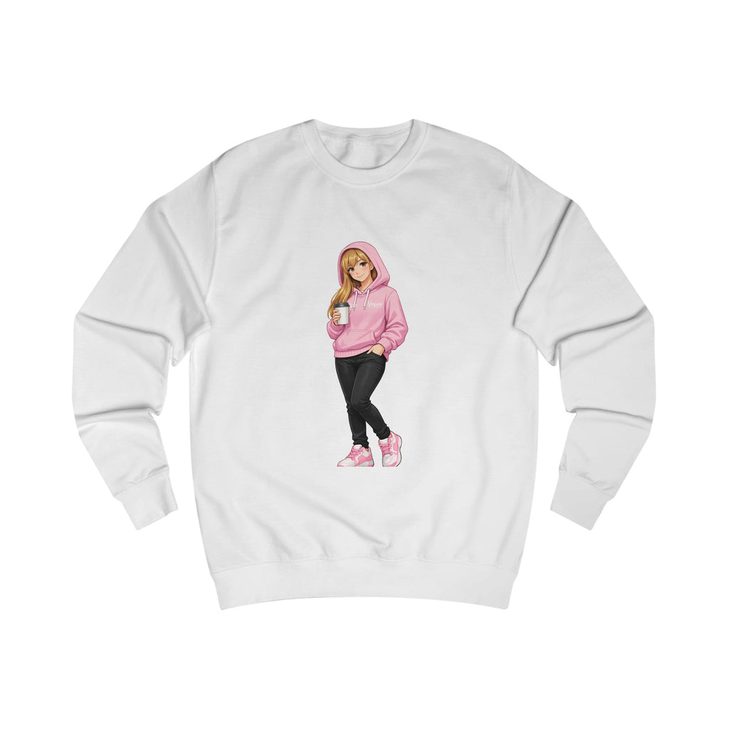Vraxor Girl Pink Hoodie Character Sweatshirt — Cute Anime Coffee Girl Crewneck