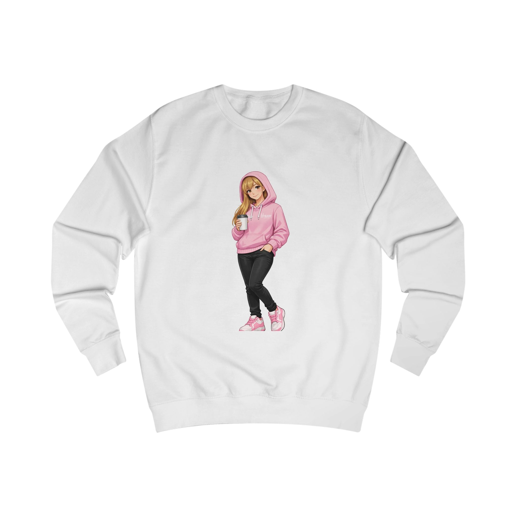 Vraxor Girl Pink Hoodie Character Sweatshirt — Cute Anime Coffee Girl Crewneck